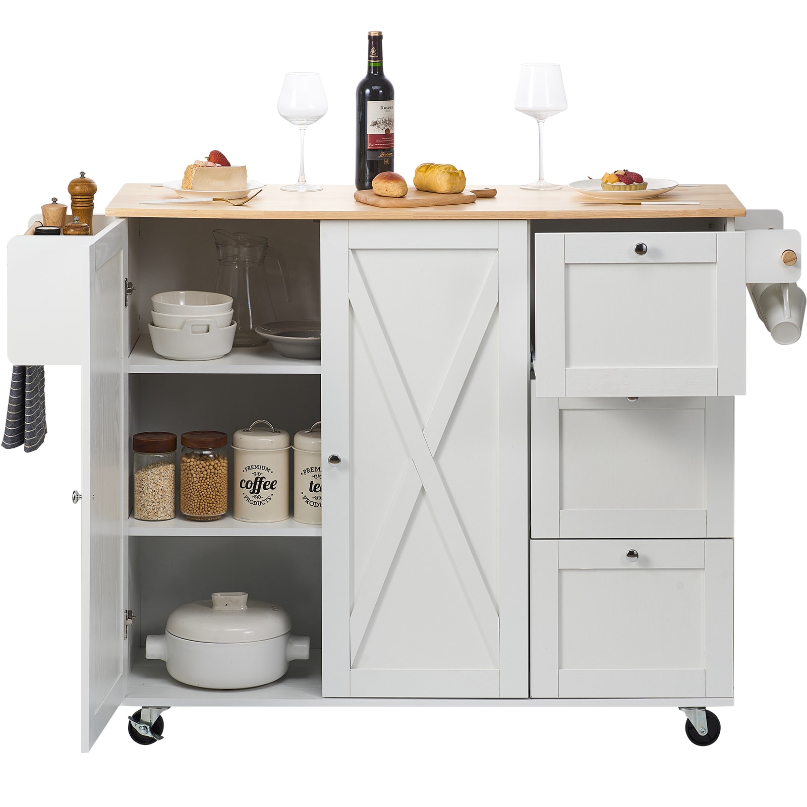 Kitchen Island Cart With Solid Wood Top, 45.3" Width Mobile Carts With Storage Cabinet, Rolling Kitchen Table With Spice Rack, Towel Rack, Drop Leaf And Drawer, Portable Islands On Wheels, White_voghion.com